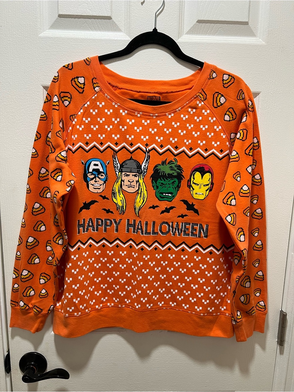 Marvel Avengers Halloween Candy Corn Ugly Sweater Long Sleeve Orange | XXL (19)